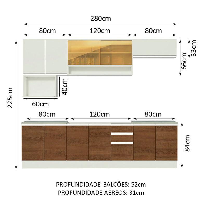 Armário de Cozinha Completa 280cm Branco/Rustic/Branco Genova Madesa 04