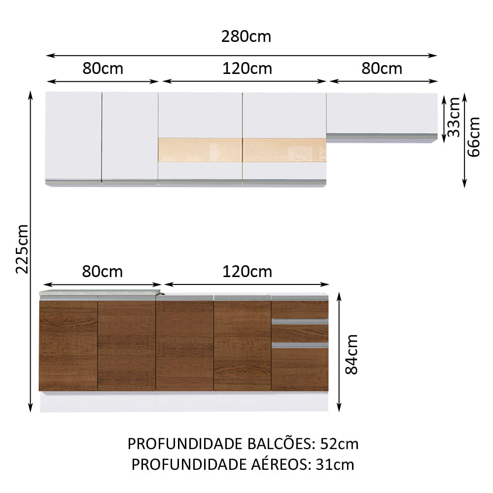 Armário de Cozinha Completa 280cm Branco/Rustic/Branco Marcela Madesa 03