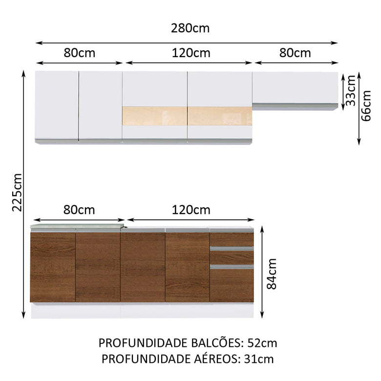 Armário de Cozinha Completa 280cm Branco/Rustic/Branco Marcela Madesa 03