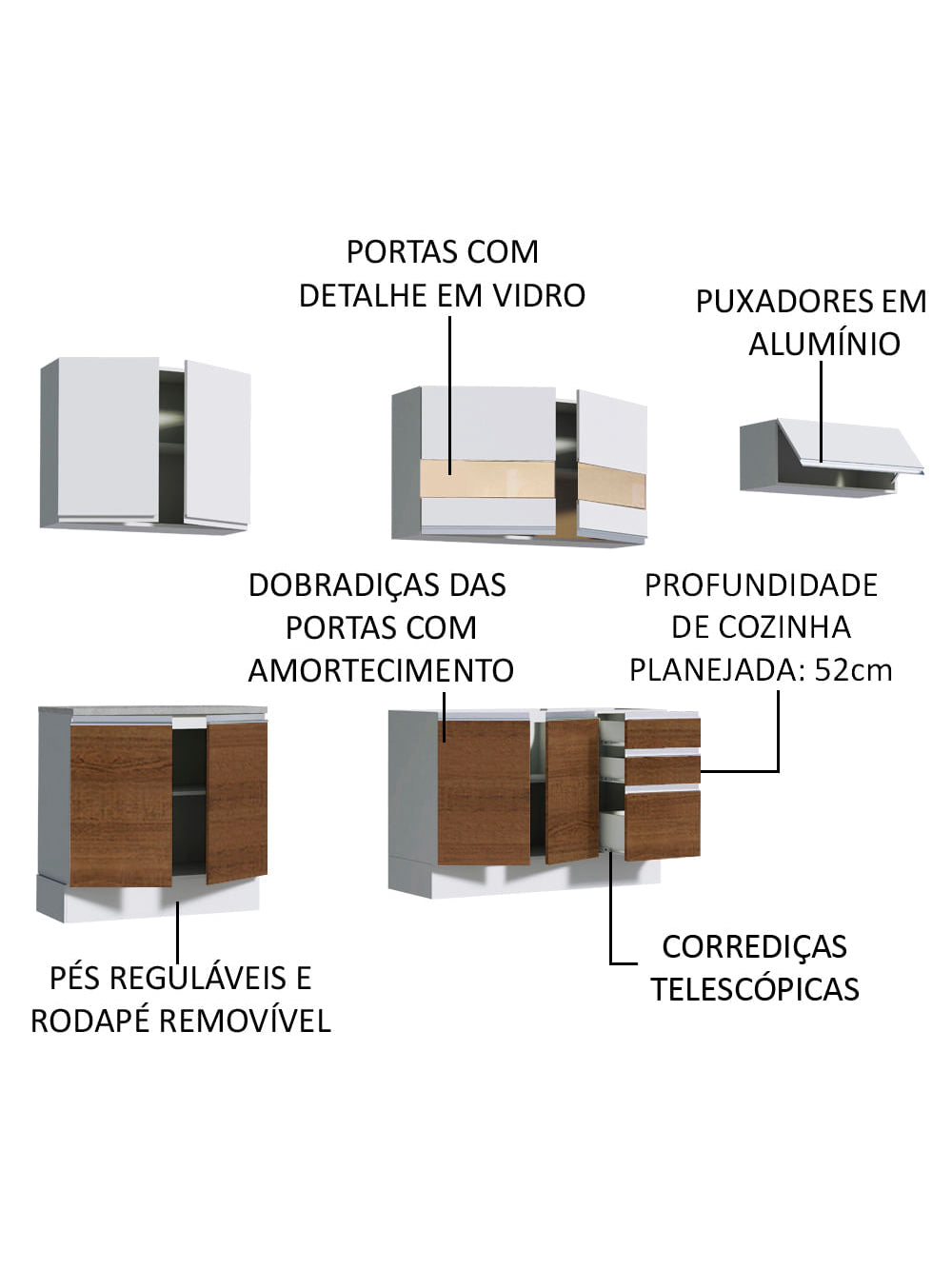 Armário de Cozinha Completa 280cm Branco/Rustic/Branco Marcela Madesa 03