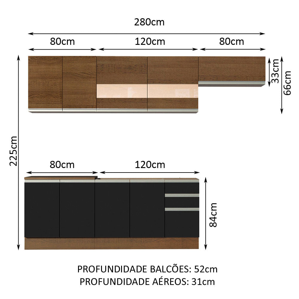 Armário de Cozinha Completa 280cm Rustic/Preto/Rustic Marcela Madesa 03