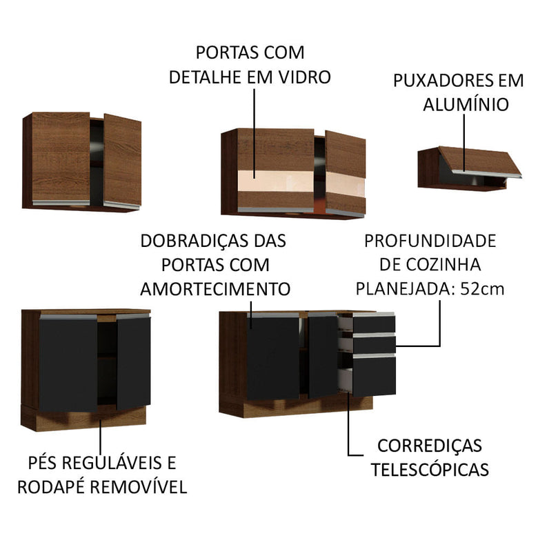 Armário de Cozinha Completa 280cm Rustic/Preto/Rustic Marcela Madesa 03