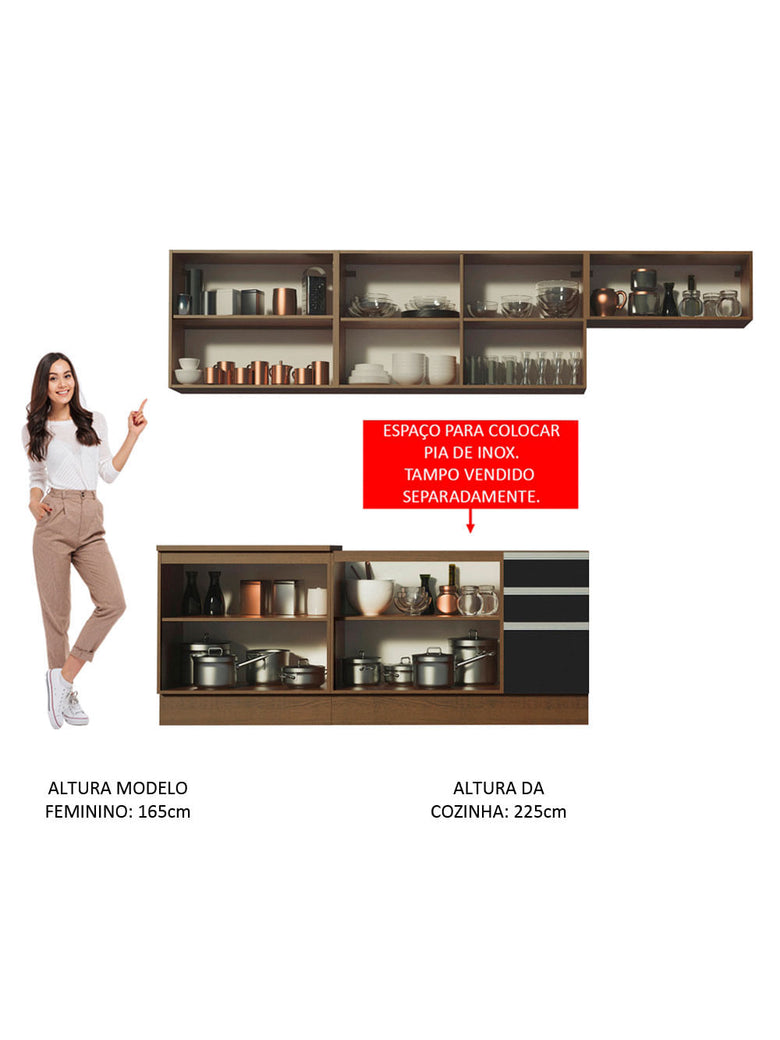 Armário de Cozinha Completa 280cm Rustic/Preto/Rustic Marcela Madesa 03