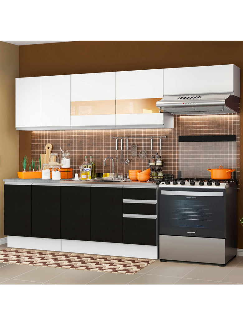 Armário de Cozinha Completa 280cm Branco/Preto/Branco Marcela Madesa 03