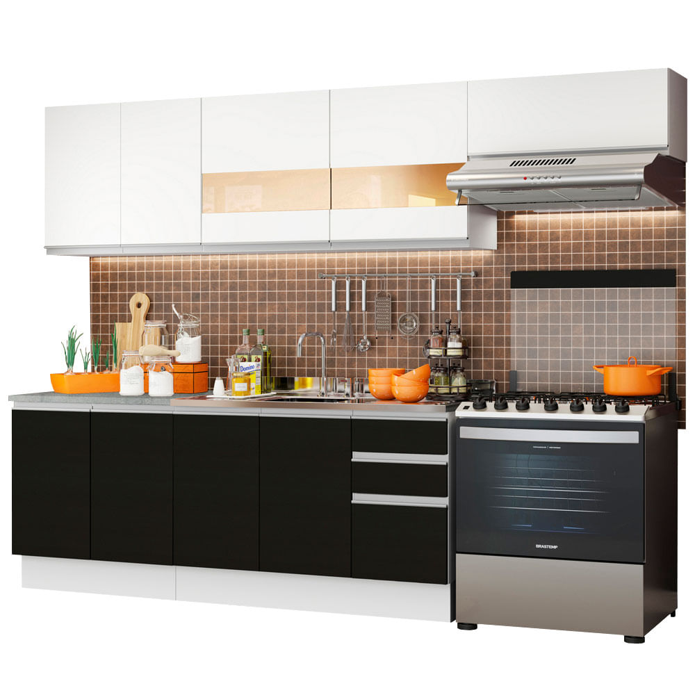 Armário de Cozinha Completa 280cm Branco/Preto/Branco Marcela Madesa 03 - Branco/Preto/Branco