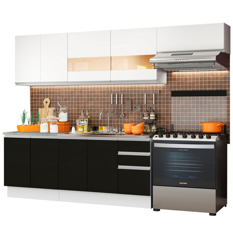 Armário de Cozinha Completa 280cm Branco/Preto/Branco Marcela Madesa 03