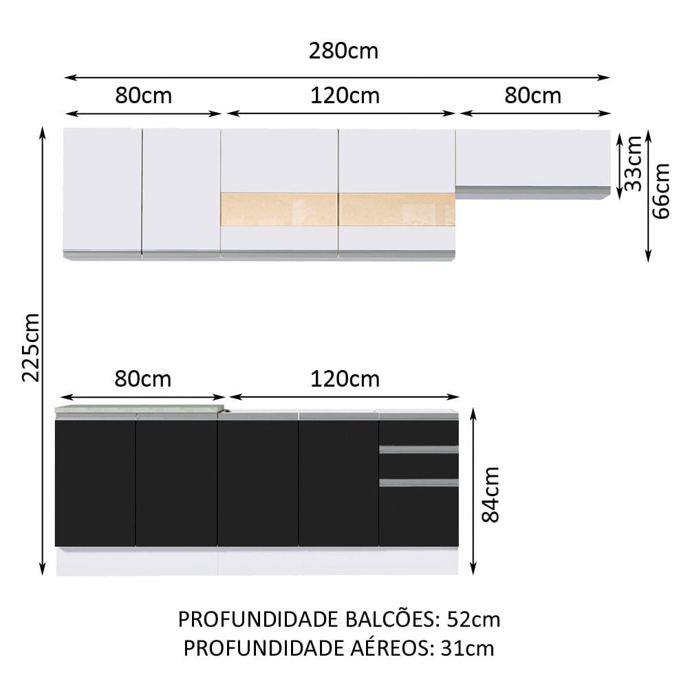 Armário de Cozinha Completa 280cm Branco/Preto/Branco Marcela Madesa 03