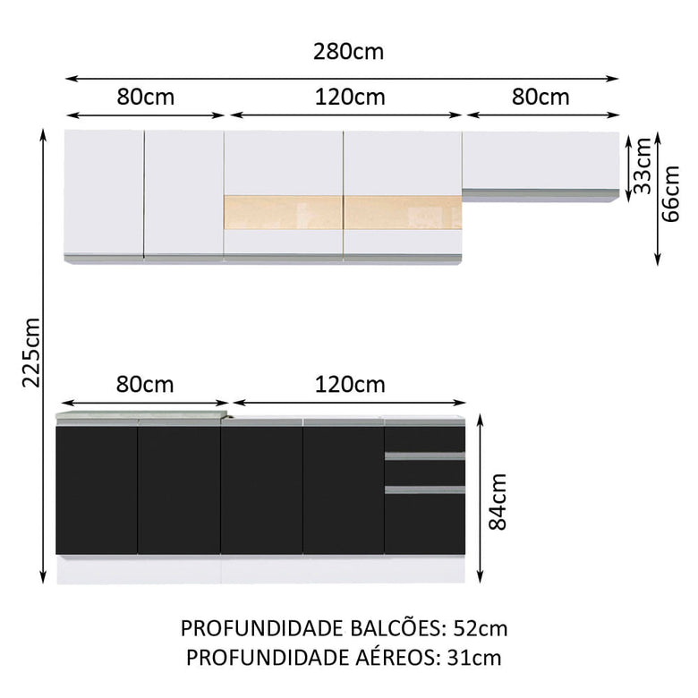 Armário de Cozinha Completa 280cm Branco/Preto/Branco Marcela Madesa 03