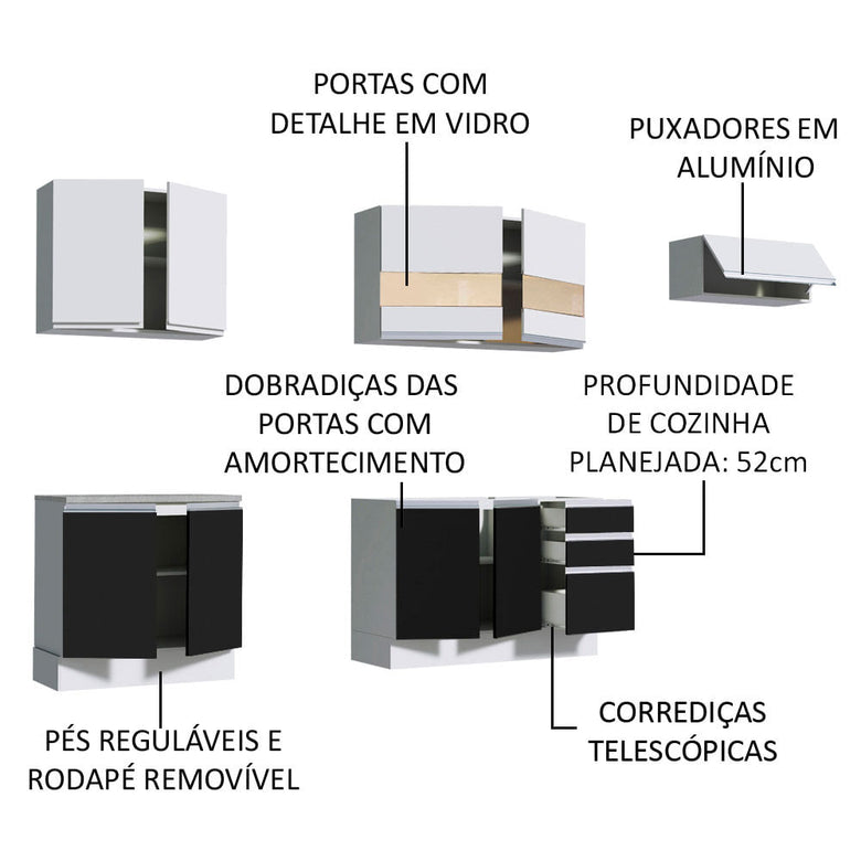 Armário de Cozinha Completa 280cm Branco/Preto/Branco Marcela Madesa 03