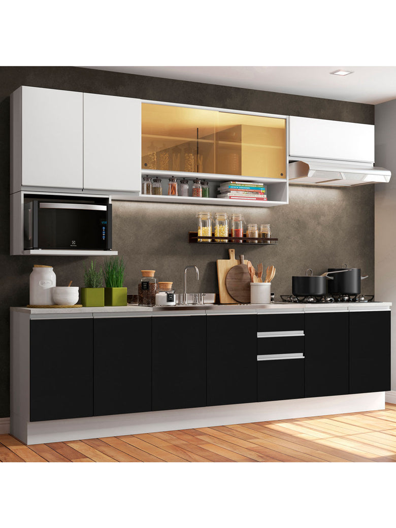Armário de Cozinha Completa 280cm Branco/Preto/Branco Genova Madesa 04