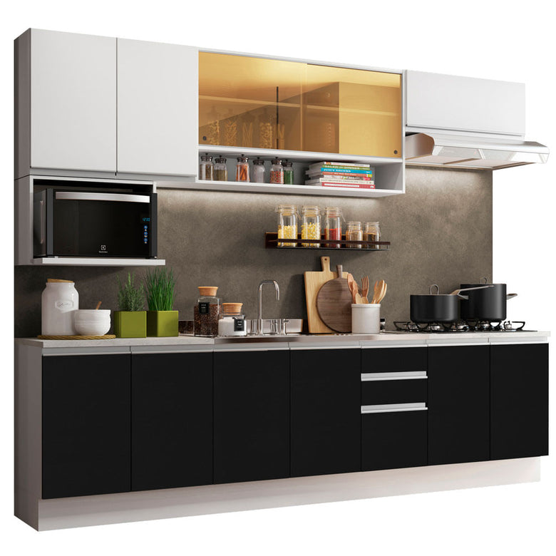 Armário de Cozinha Completa 280cm Branco/Preto/Branco Genova Madesa 04
