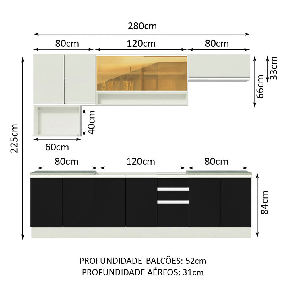 Armário de Cozinha Completa 280cm Branco/Preto/Branco Genova Madesa 04