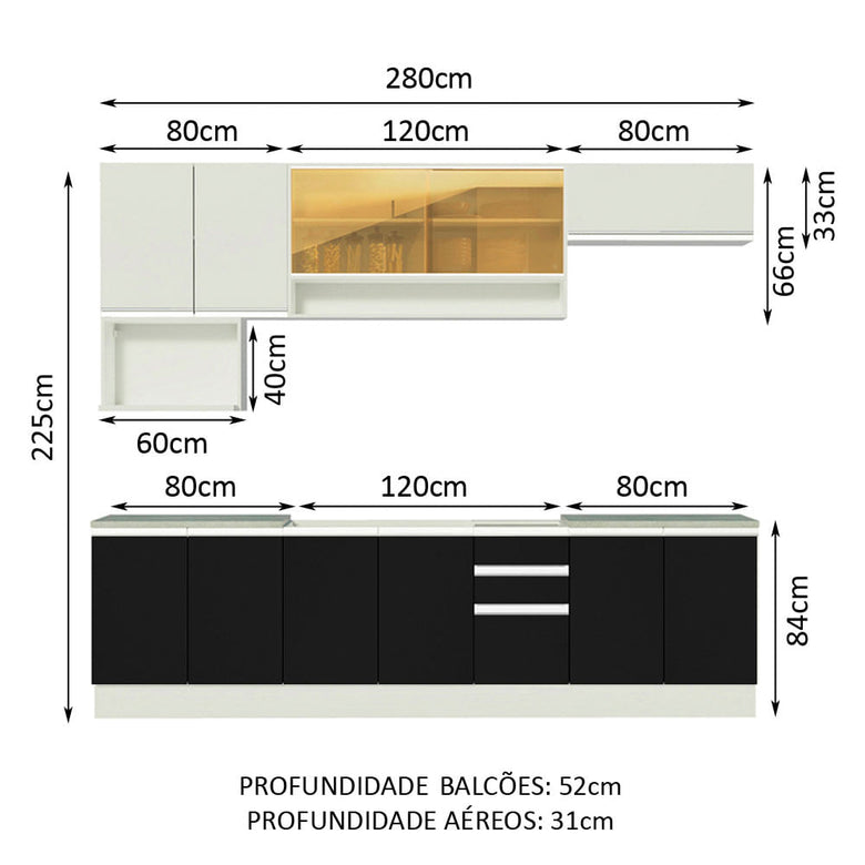 Armário de Cozinha Completa 280cm Branco/Preto/Branco Genova Madesa 04
