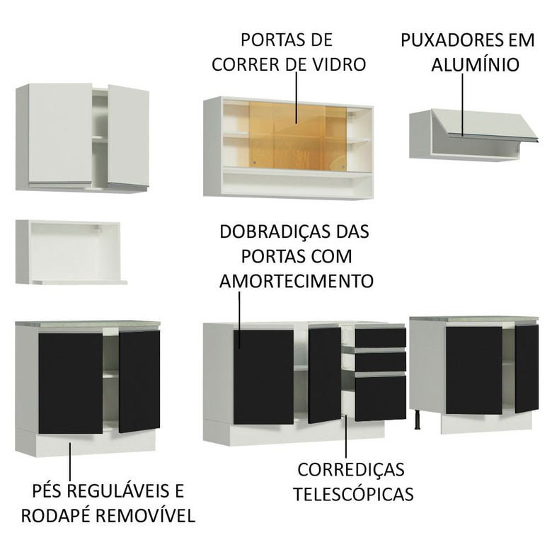 Armário de Cozinha Completa 280cm Branco/Preto/Branco Genova Madesa 04