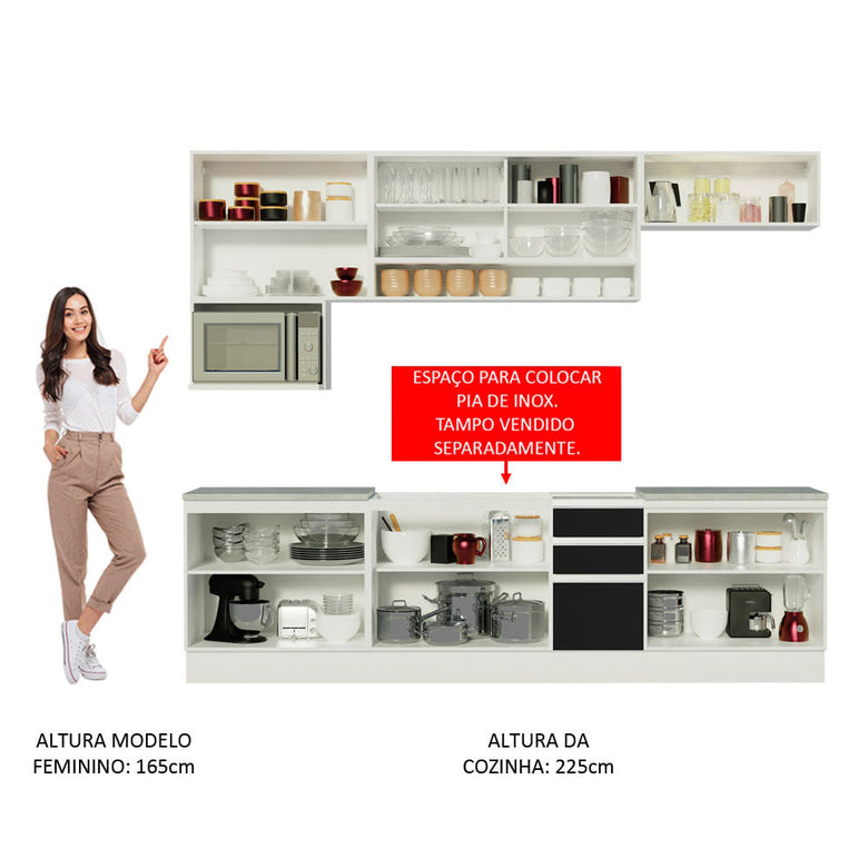 Armário de Cozinha Completa 280cm Branco/Preto/Branco Genova Madesa 04