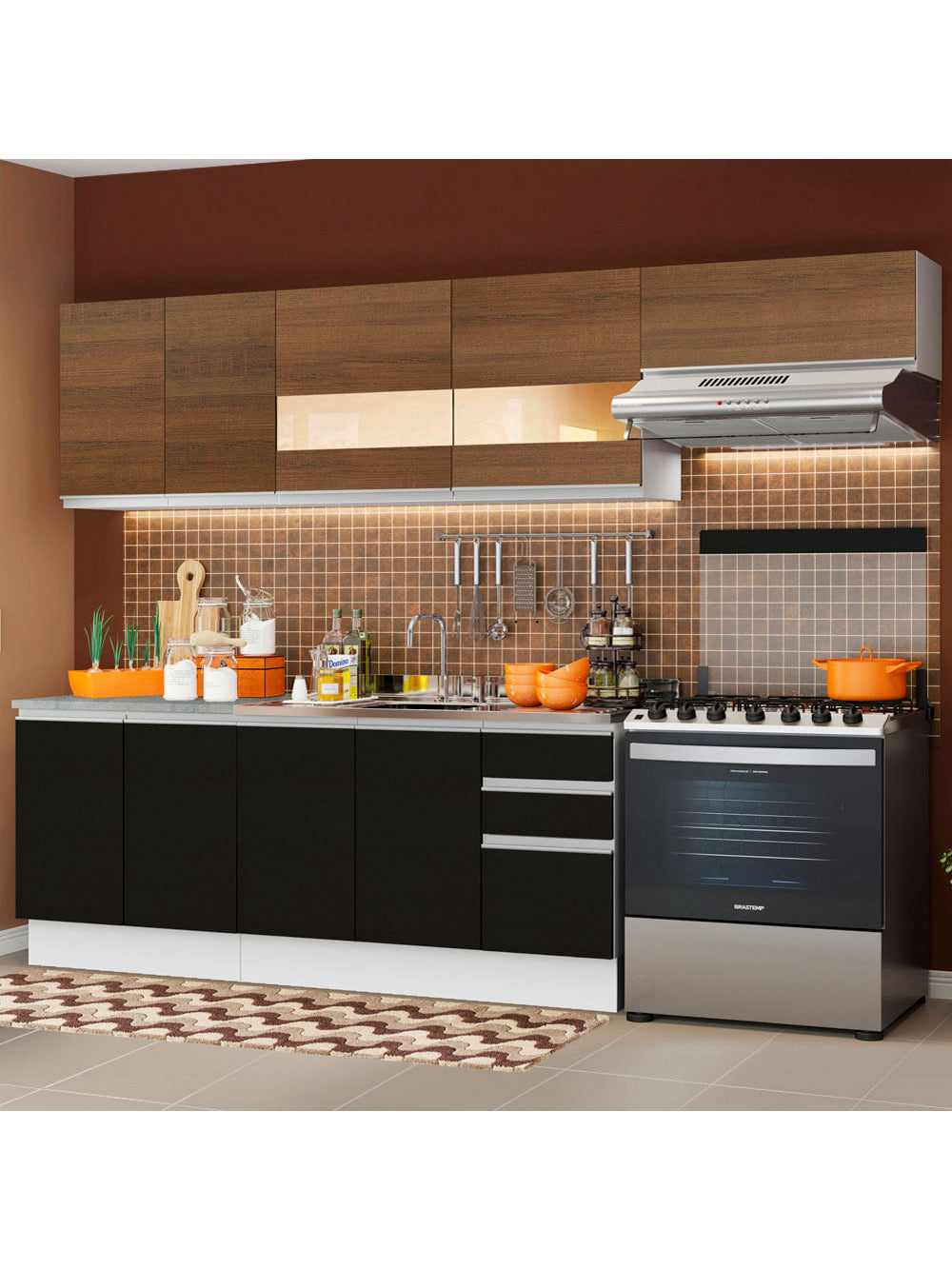 Armário de Cozinha Completa 280cm Branco/Preto/Rustic Marcela Madesa 03 - Branco/Preto/Rustic