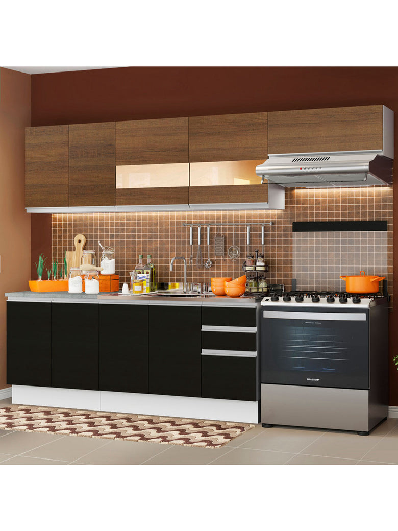 Armário de Cozinha Completa 280cm Branco/Preto/Rustic Marcela Madesa 03