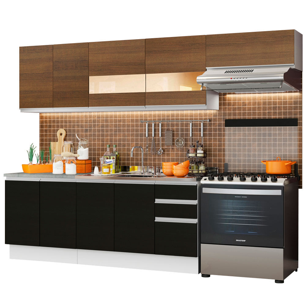Armário de Cozinha Completa 280cm Branco/Preto/Rustic Marcela Madesa 03 - Branco/Preto/Rustic