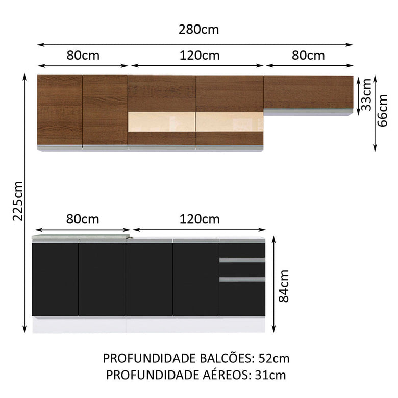 Armário de Cozinha Completa 280cm Branco/Preto/Rustic Marcela Madesa 03