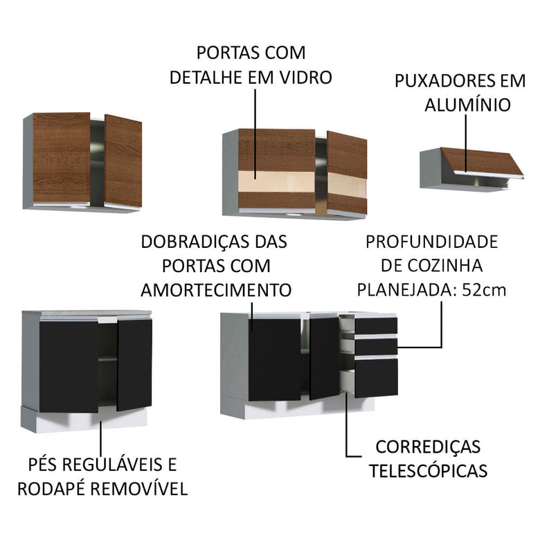 Armário de Cozinha Completa 280cm Branco/Preto/Rustic Marcela Madesa 03