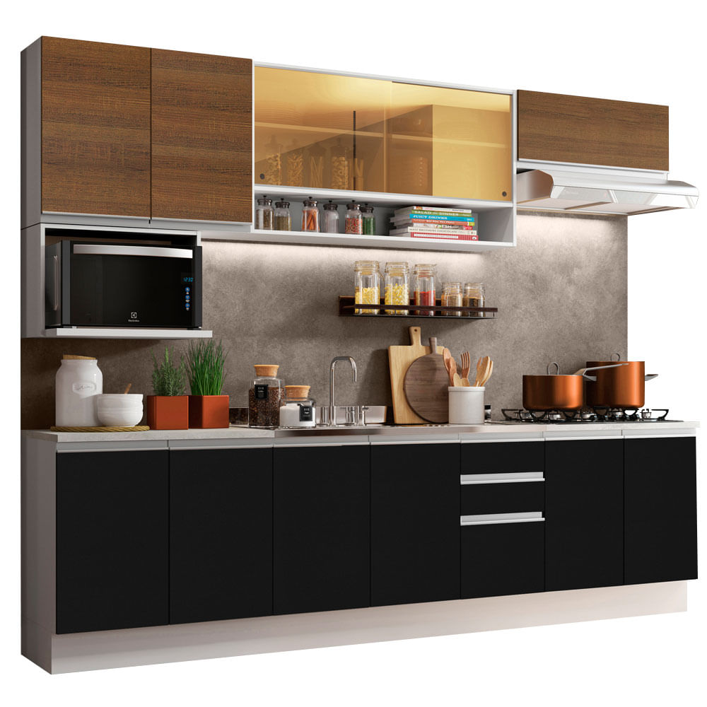 Armário de Cozinha Completa 280cm Branco/Preto/Rustic Genova Madesa 04 - Branco/Preto/Rustic