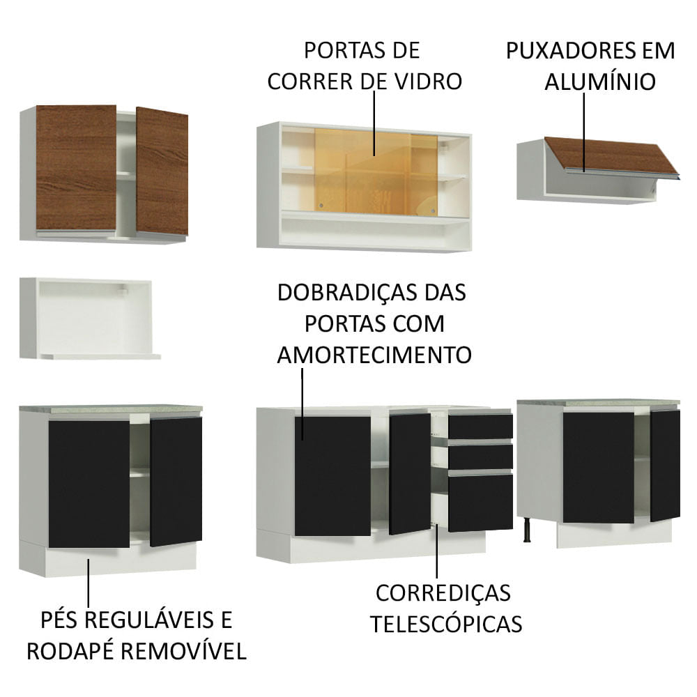 Armário de Cozinha Completa 280cm Branco/Preto/Rustic Genova Madesa 04