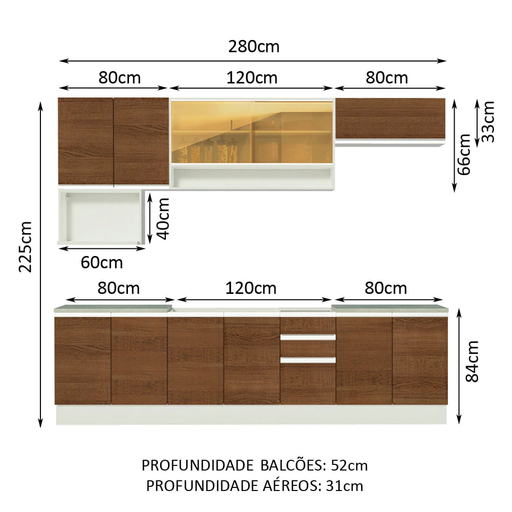 Armário de Cozinha Completa 280cm Branco/Rustic Genova Madesa 04