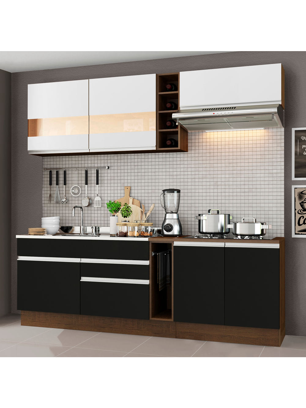 Armário de Cozinha Completa 220cm Rustic/Preto/Branco Parma Madesa 02 - Rustic/Preto/Branco