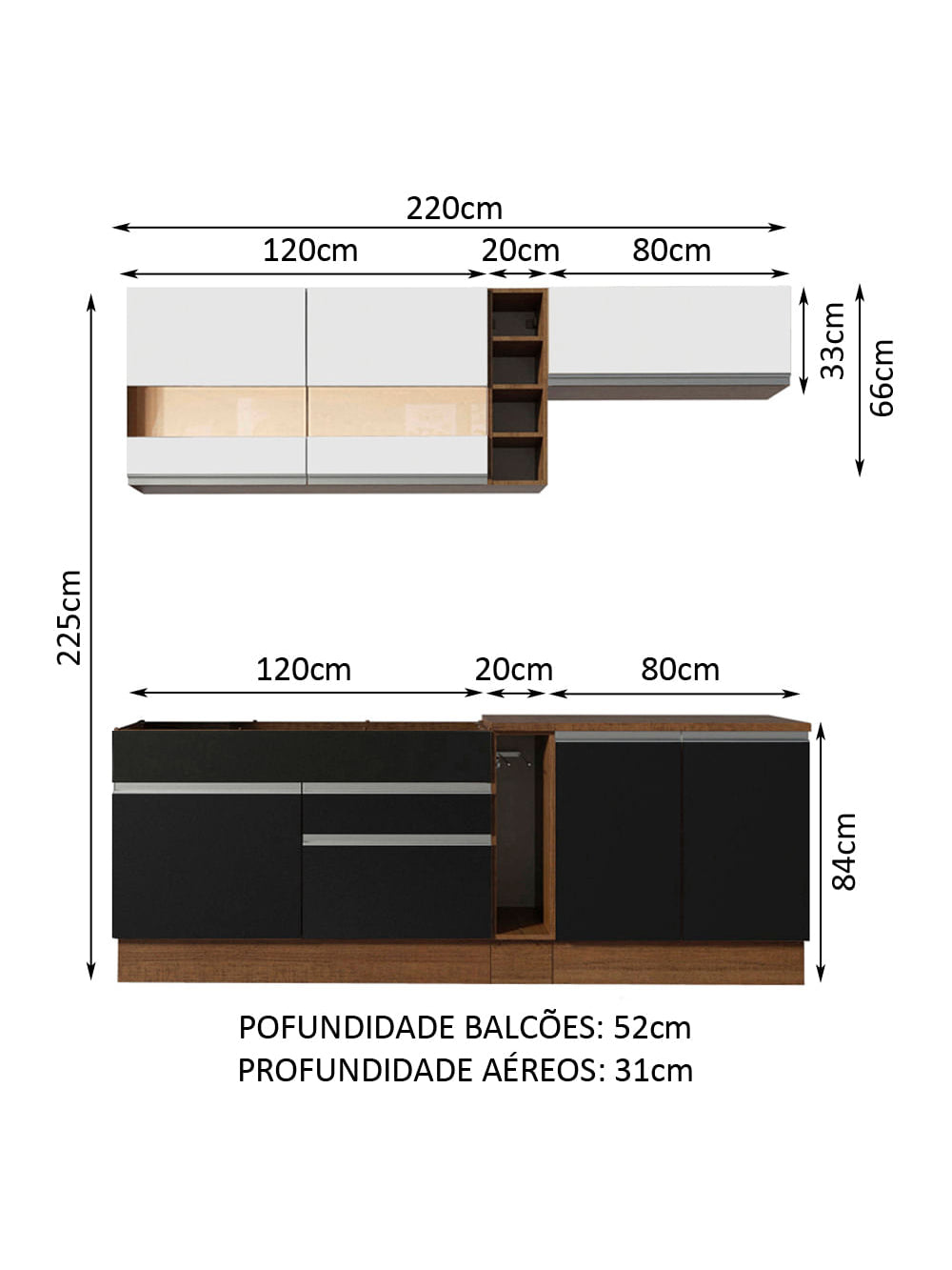 Armário de Cozinha Completa 220cm Rustic/Preto/Branco Parma Madesa 02