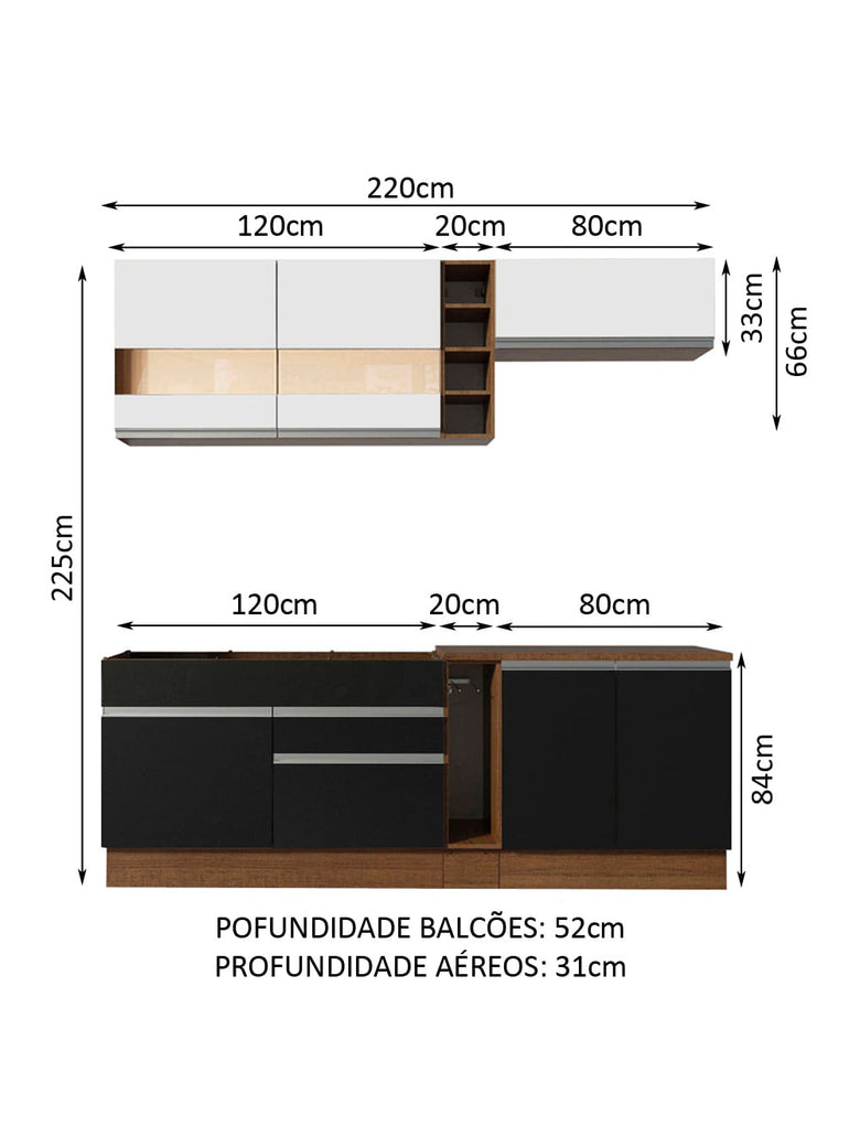 Armário de Cozinha Completa 220cm Rustic/Preto/Branco Parma Madesa 02