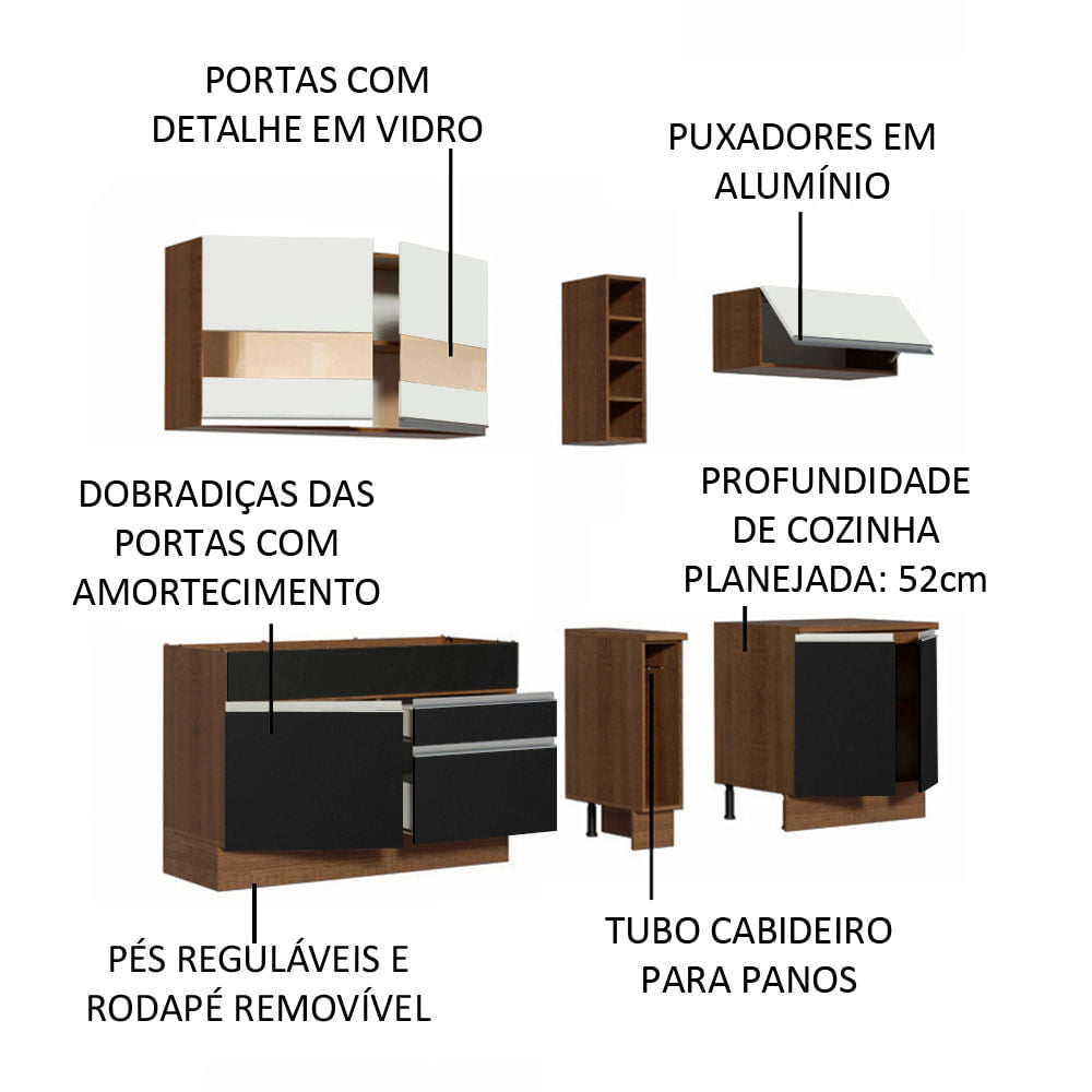 Armário de Cozinha Completa 220cm Rustic/Preto/Branco Parma Madesa 02