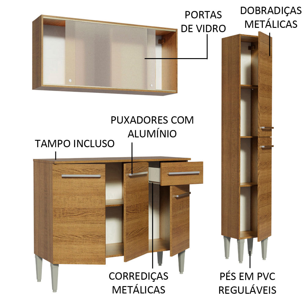 Armário de Cozinha Compacta 137cm Rustic Emilly Force Madesa 02