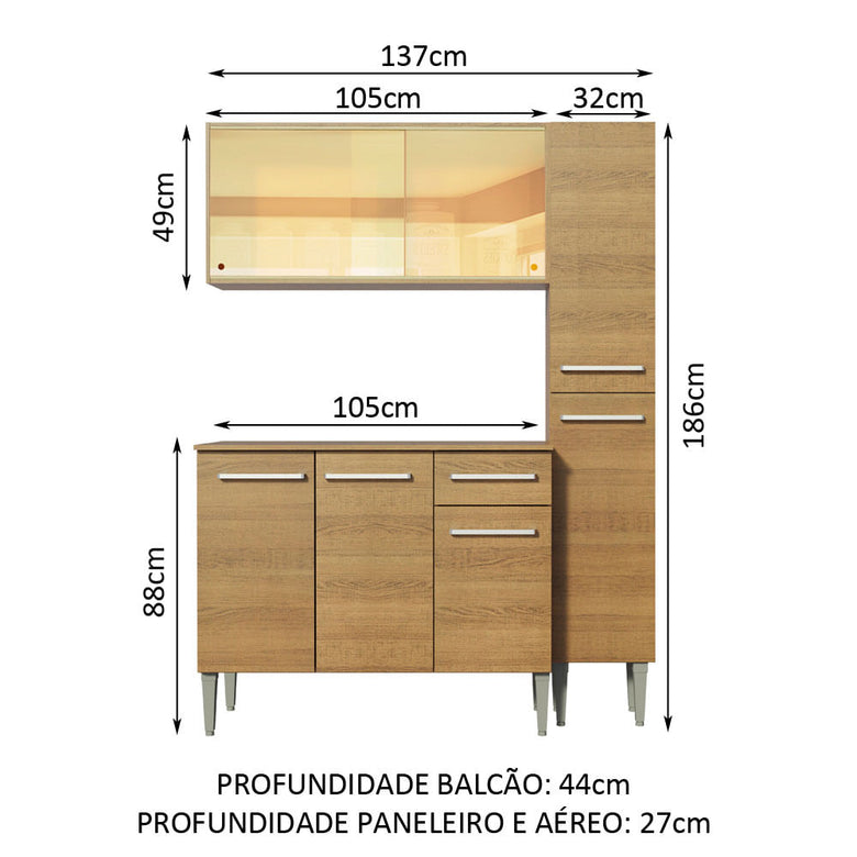 Armário de Cozinha Compacta 137cm Rustic Emilly Gold Madesa 03