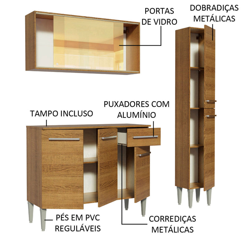 Armário de Cozinha Compacta 137cm Rustic Emilly Gold Madesa 03