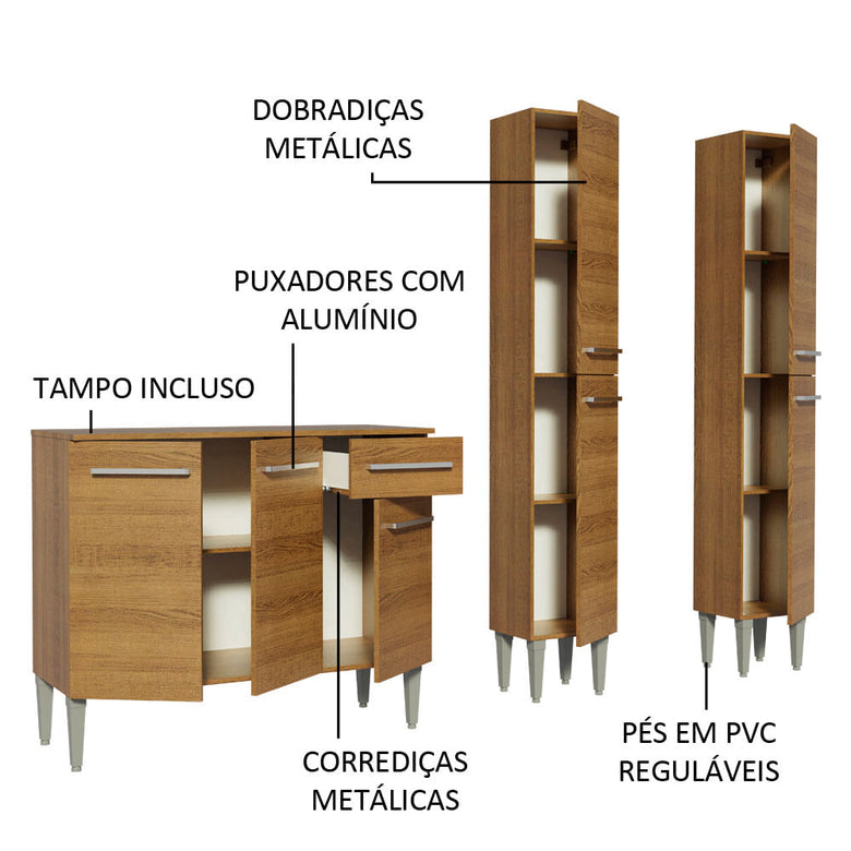 Armário de Cozinha Compacta com Balcão e Paneleiro Rustic Emilly Front Madesa
