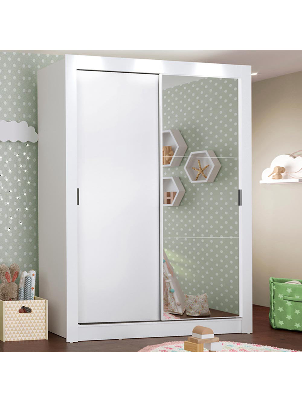 Guarda-Roupa Infantil Madesa Bento 2 Portas de Correr com Espelho 2 Gavetas Branco - Branco