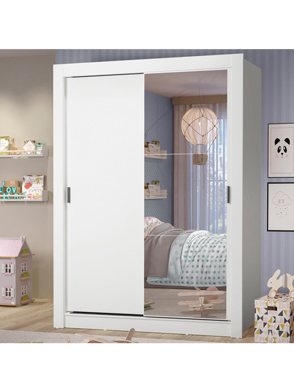 Guarda-Roupa Infantil Madesa Theo 2 Portas de Correr com Espelho 4 Gavetas Branco - Branco