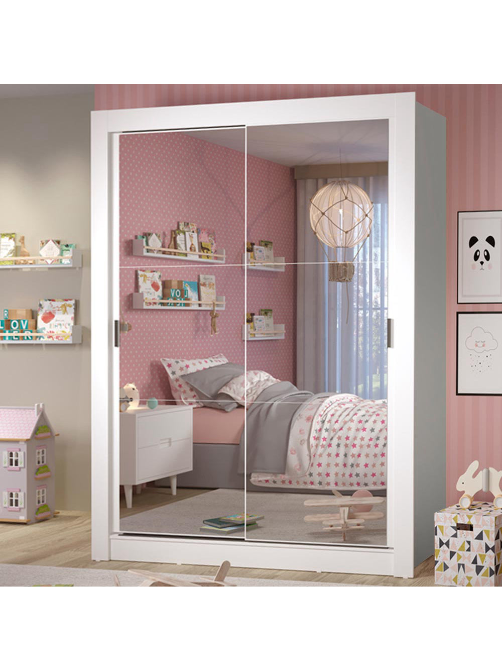 Guarda-Roupa Infantil Madesa Theo 2 Portas de Correr de Espelho 4 Gavetas Branco - Branco