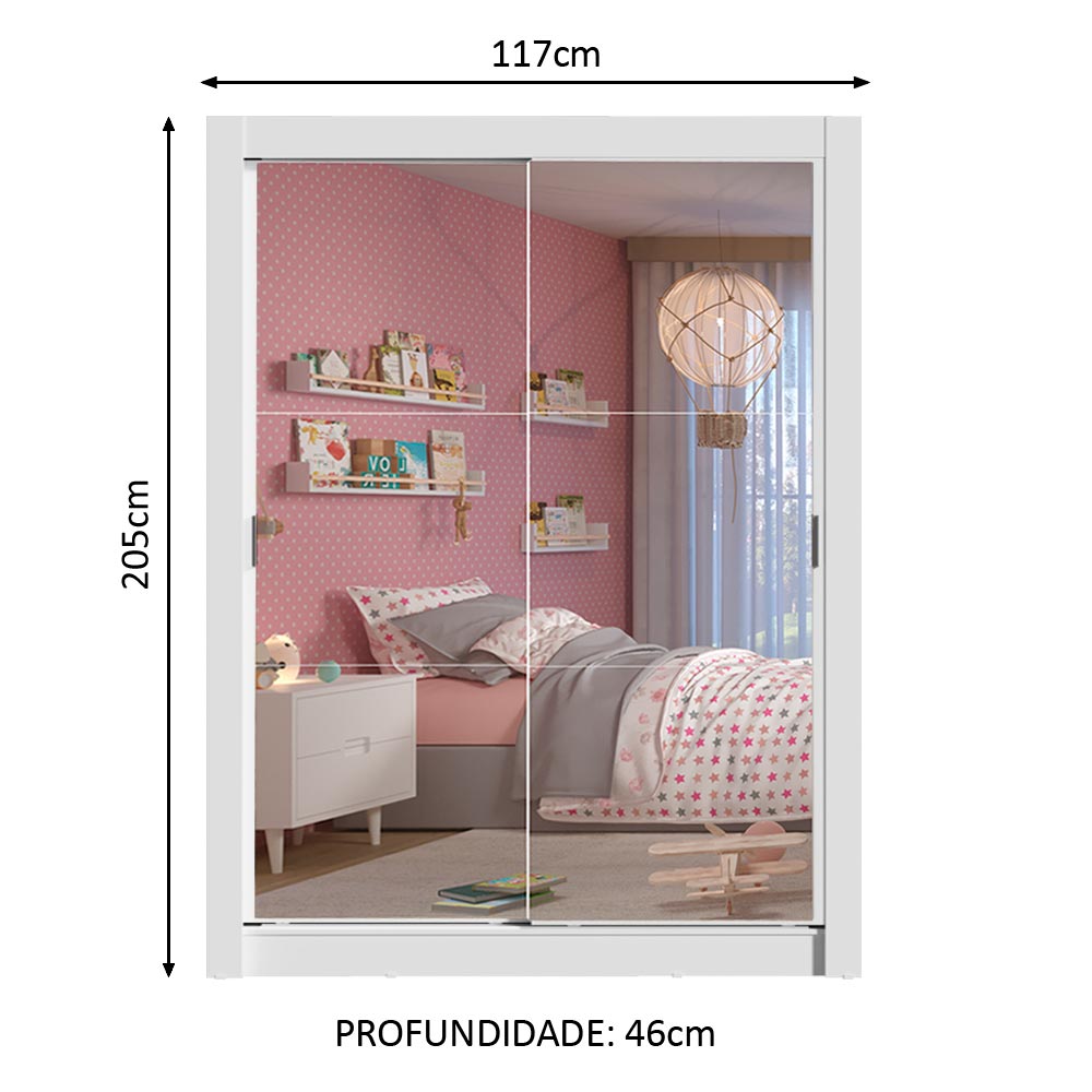 Guarda-Roupa Infantil Madesa Theo 2 Portas de Correr de Espelho 4 Gavetas Branco