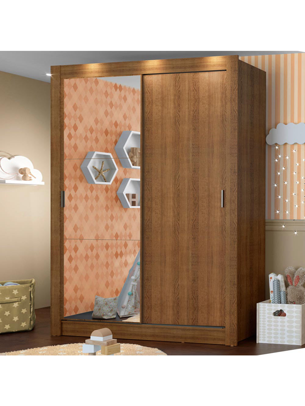 Guarda-Roupa Infantil Madesa Enzo 2 Portas de Correr com Espelho Rustic - Rustic