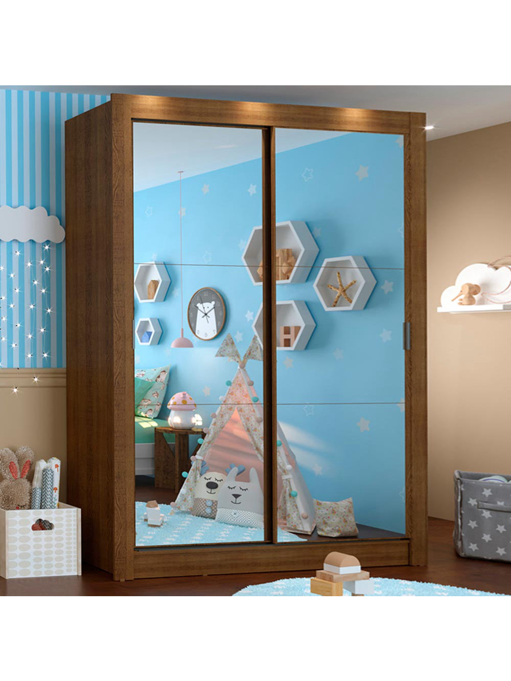 Guarda-Roupa Infantil Madesa Bento 2 Portas de Correr de Espelho 2 Gavetas Rustic - Rustic