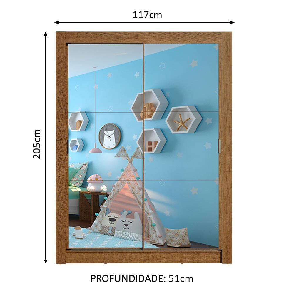 Guarda-Roupa Infantil Madesa Bento 2 Portas de Correr de Espelho 2 Gavetas Rustic