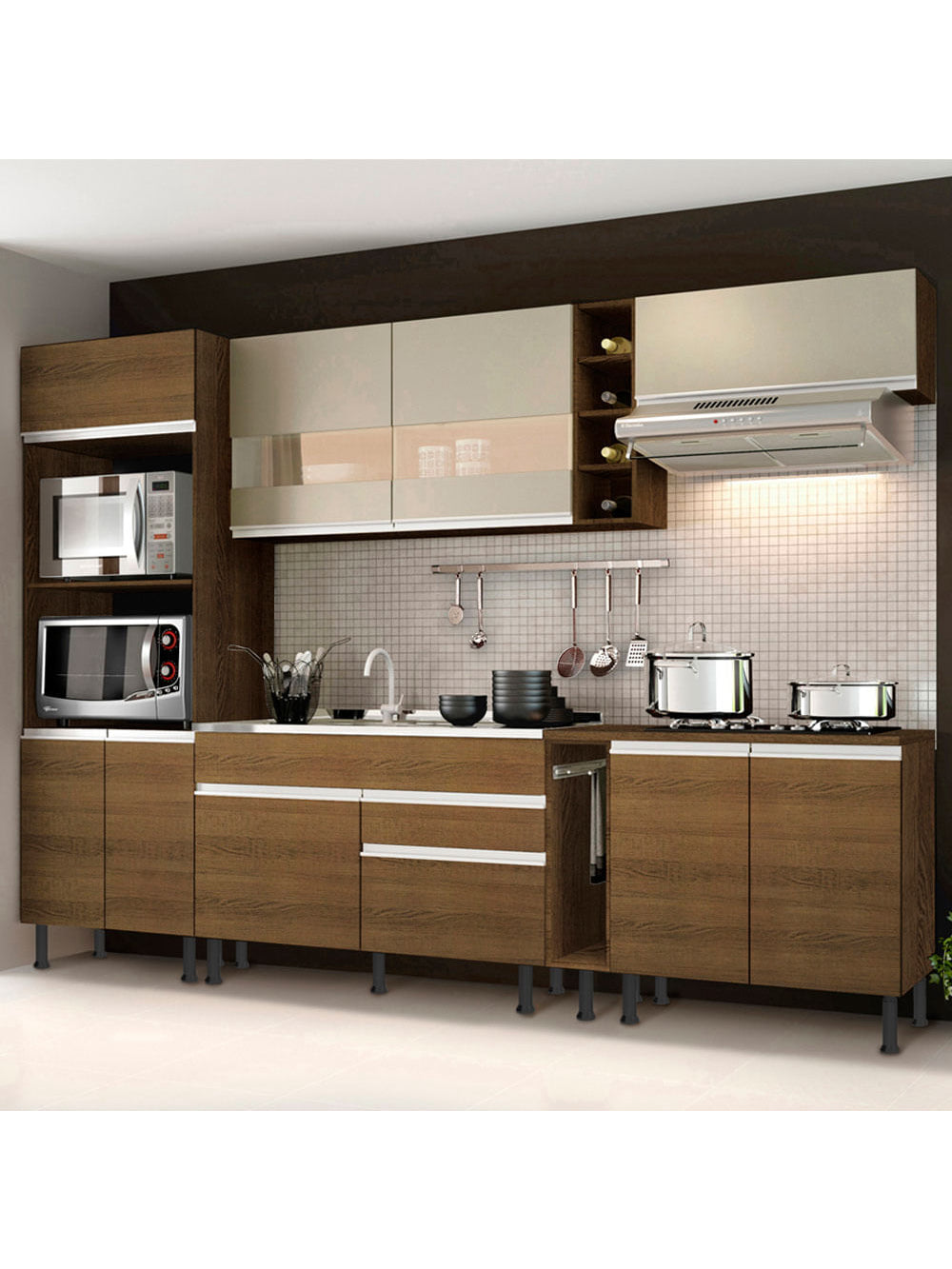 Armário de Cozinha Completa 290cm Rustic/Crema Vicenza Madesa 01 - Rustic/Rustic/Crema