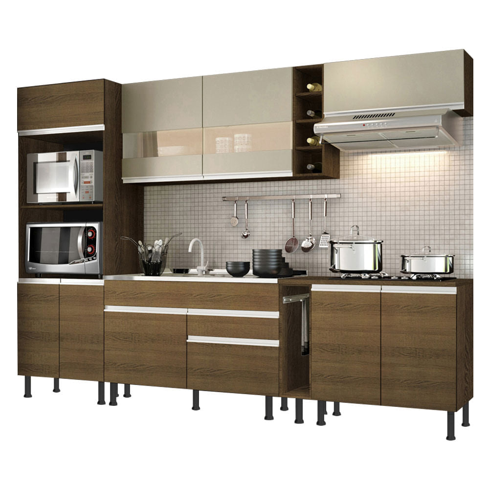 Armário de Cozinha Completa 290cm Rustic/Crema Vicenza Madesa 01 - Rustic/Rustic/Crema