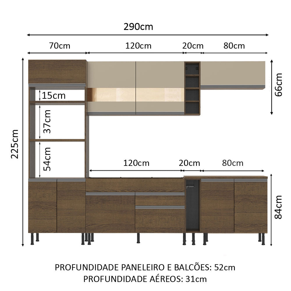 Armário de Cozinha Completa 290cm Rustic/Crema Vicenza Madesa 01