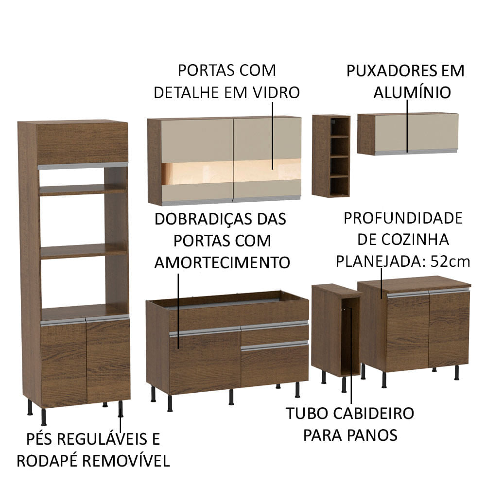 Armário de Cozinha Completa 290cm Rustic/Crema Vicenza Madesa 01