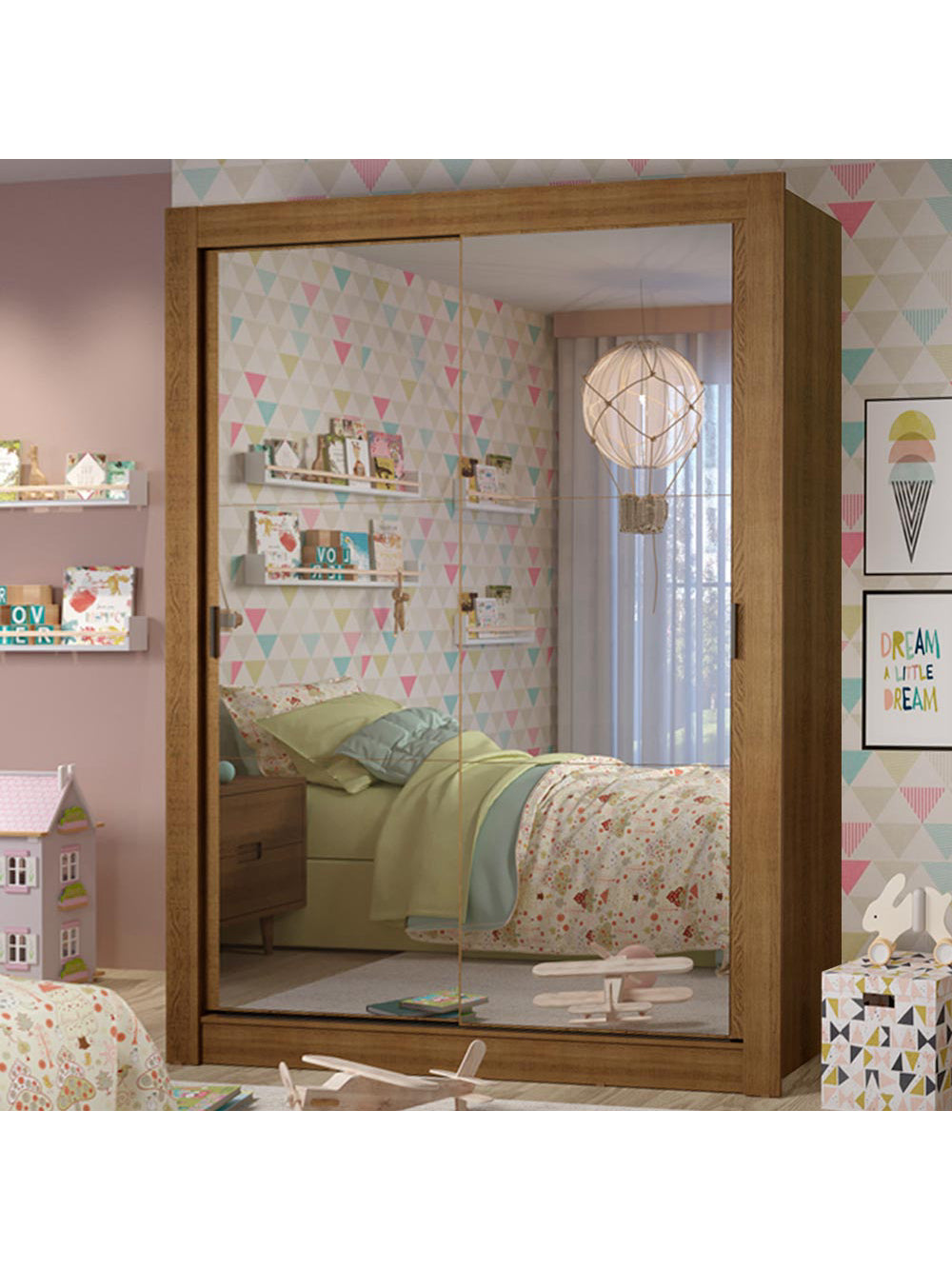 Guarda-Roupa Infantil Madesa Theo 2 Portas de Correr de Espelho 4 Gavetas Rustic - Rustic