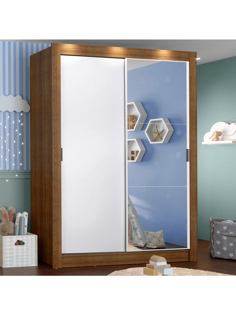 Guarda-Roupa Infantil Madesa Bento 2 Portas de Correr com Espelho 2 Gavetas Rustic/Branco - Rustic/Branco