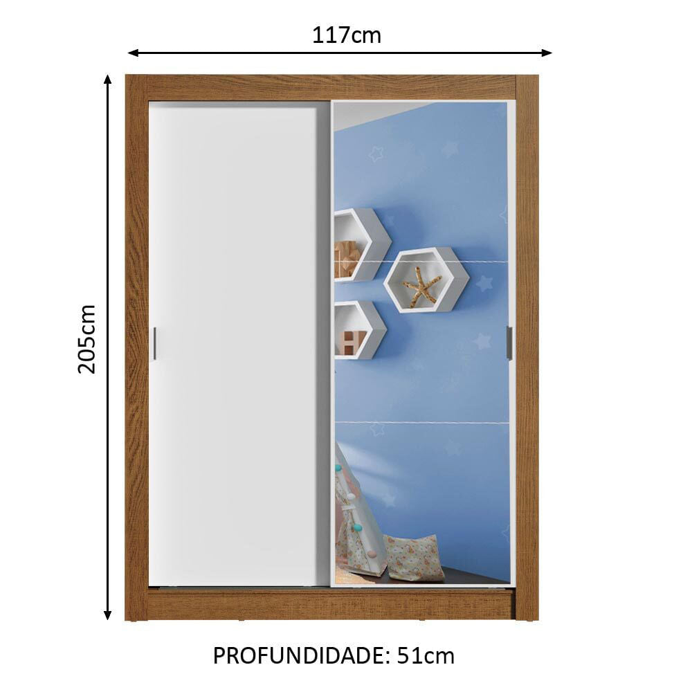 Guarda-Roupa Infantil Madesa Bento 2 Portas de Correr com Espelho 2 Gavetas Rustic/Branco
