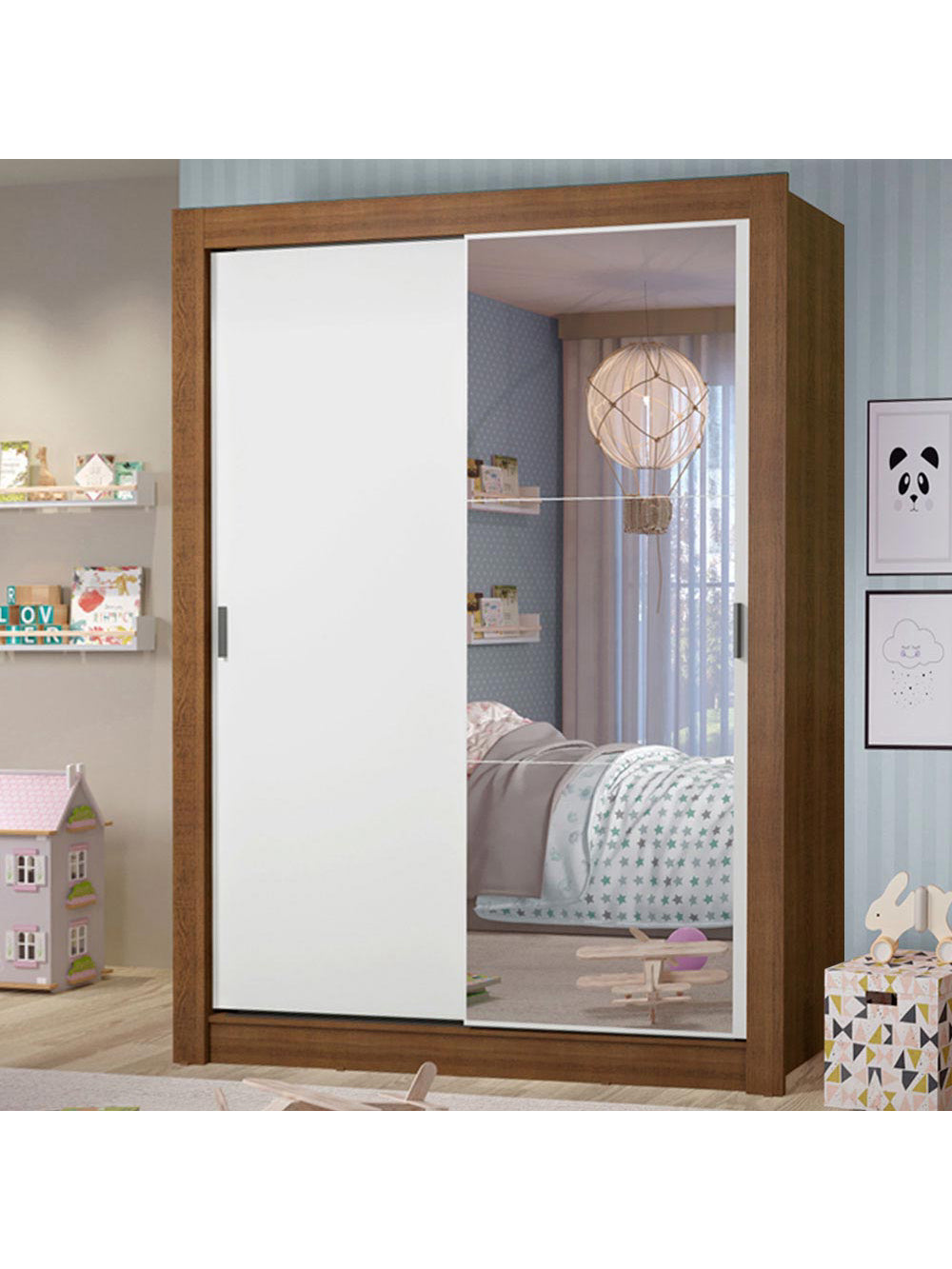 Guarda-Roupa Infantil Madesa Theo 2 Portas de Correr com Espelho 4 Gavetas Rustic/Branco - Rustic/Branco